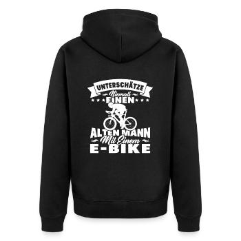 Alten mann mit einem e-bike - Unisex Premium Bio Zip Hoodie - Schwarz - Hinten - Nico (187cm)
