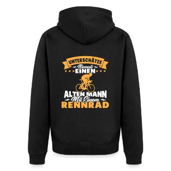 Alten mann mit einem Rennrad - Unisex Premium Bio Zip Hoodie - Schwarz - Hinten - Nico (187cm)