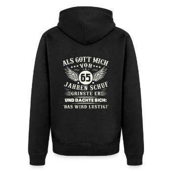 65. Geburtstag Als gott mich vor 65 jahren schuf - Unisex Premium Bio Zip Hoodie - Schwarz - Hinten - Nico (187cm)