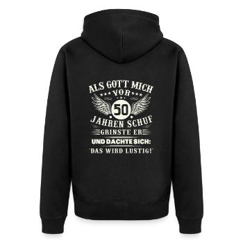 50. Geburtstag Als gott mich vor 50 jahren schuf - Unisex Premium Bio Zip Hoodie - Schwarz - Hinten - Nico (187cm)