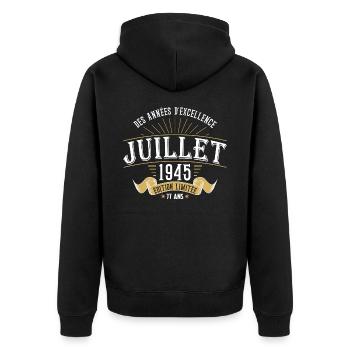 77 Ans Anniversaire Vintage Né(e) en Juillet 1945 - Veste à capuche bio Premium Unisexe - noir - Dos - Nico (187cm)