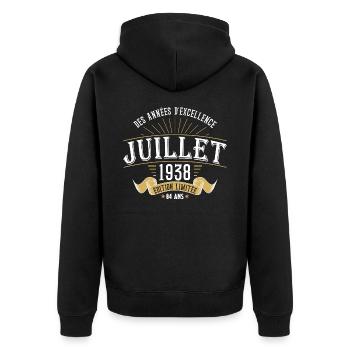 84 Ans Anniversaire Vintage Né(e) en Juillet 1938 - Veste à capuche bio Premium Unisexe - noir - Dos - Nico (187cm)