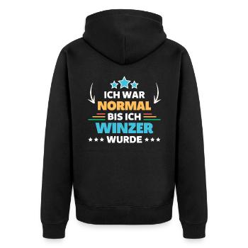 Ich war normal bis ich Winzer wurde - Unisex Premium Bio Zip Hoodie - Schwarz - Hinten - Nico (187cm)