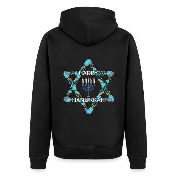 Frohes Chanukka jüdisch - Unisex Premium Bio Zip Hoodie - Schwarz - Hinten - Nico (187cm)