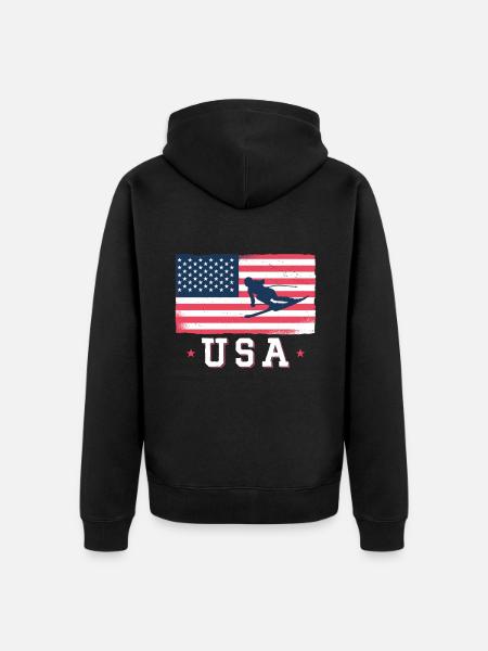 Skiing USA American Flag Ski - Unisex Premium Organic Zip Hoodie - black