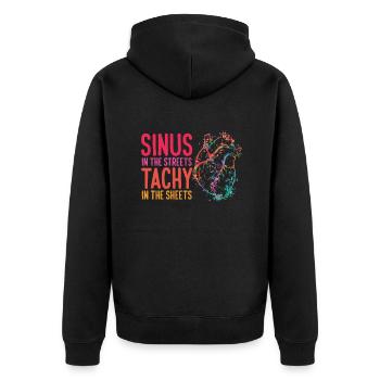 Sinus in the Streets Tachy In The Sheets - Unisex Premium Bio Zip Hoodie - Schwarz - Hinten - Nico (187cm)