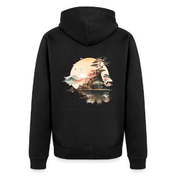 Japanischer Sonnenuntergang - Aquarellillustration - Unisex Premium Bio Zip Hoodie - Schwarz - Hinten - Nico (187cm)