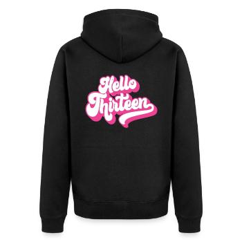 Geschenk zum 13. Geburtstag, Hallo Dreizehn, 13 Jahre - Unisex Premium Bio Zip Hoodie - Schwarz - Hinten - Nico (187cm)