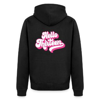 Geschenk zum 13. Geburtstag, Hallo Dreizehn, 13 Jahre - Unisex Premium Bio Zip Hoodie - Schwarz - Hinten - Nico (187cm)
