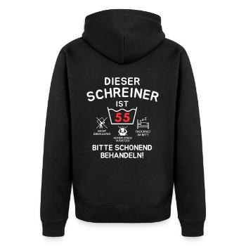 Dieser Schreiner ist 55. Schonend behandeln - Unisex Premium Bio Zip Hoodie - Schwarz - Hinten - Nico (187cm)