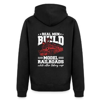 Real Men Build Model Railroads - Unisex Premium Bio Zip Hoodie - Schwarz - Hinten - Nico (187cm)
