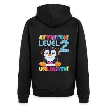 Attention Niveau 2 Anniversaire débloqué - Veste à capuche bio Premium Unisexe - noir - Dos - Nico (187cm)