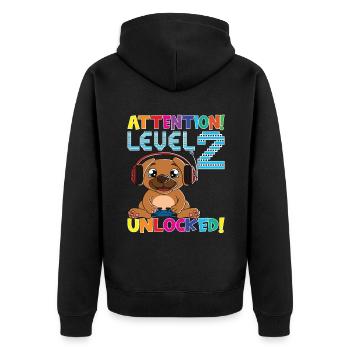 Attention Niveau 2 Anniversaire débloqué - Veste à capuche bio Premium Unisexe - noir - Dos - Nico (187cm)