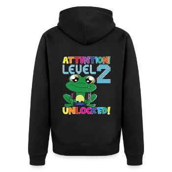 Attention Niveau 2 Anniversaire débloqué - Veste à capuche bio Premium Unisexe - noir - Dos - Nico (187cm)