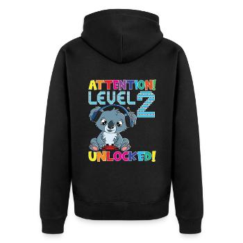 Attention Niveau 2 Anniversaire débloqué - Veste à capuche bio Premium Unisexe - noir - Dos - Nico (187cm)