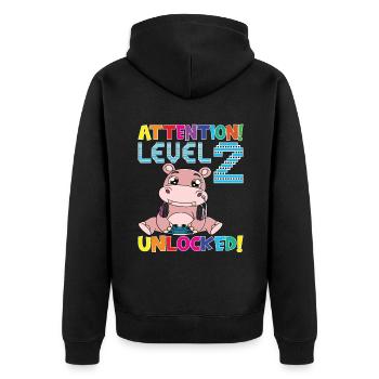 Attention Niveau 2 Anniversaire débloqué - Veste à capuche bio Premium Unisexe - noir - Dos - Nico (187cm)
