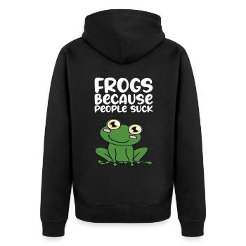 Frösche, Weil Menschen Scheiße Sind - Unisex Premium Bio Zip Hoodie - Schwarz - Hinten - Nico (187cm)