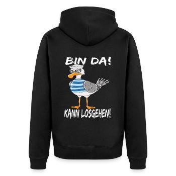 Nordsee Möwe Ostsee Urlaub Bin Da Kann Losgehen - Unisex Premium Bio Zip Hoodie - Schwarz - Hinten - Nico (187cm)