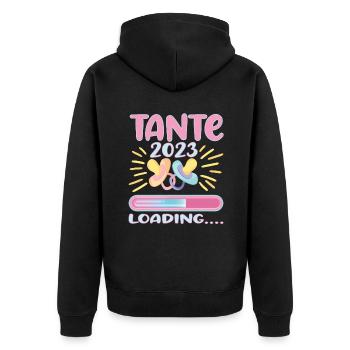 Tante 2023 Loading - Unisex Premium Bio Zip Hoodie - Schwarz - Hinten - Nico (187cm)