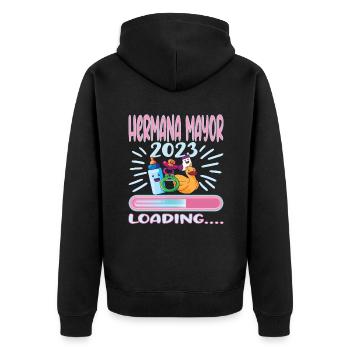 Hermana Mayor 2023 - Unisex Premium Bio Zip Hoodie - Schwarz - Hinten - Nico (187cm)