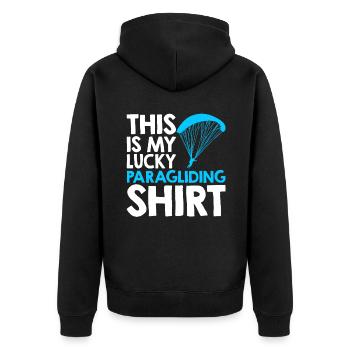 This Is My Lucky Paragliding Shirt - Unisex Premium Bio Zip Hoodie - Schwarz - Hinten - Nico (187cm)