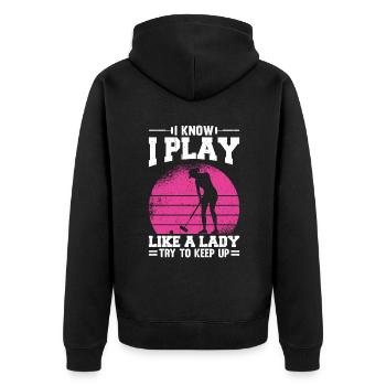 I Know I Play Like A Lady Try To Keep Up Croquet - Unisex Premium Bio Zip Hoodie - Schwarz - Hinten - Nico (187cm)