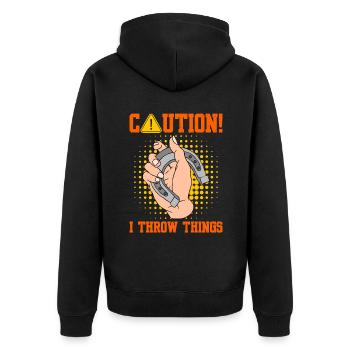 Caution I Throw Things Horseshoe Pitching - Unisex Premium Bio Zip Hoodie - Schwarz - Hinten - Nico (187cm)