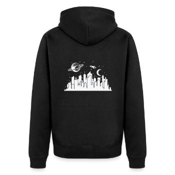 Skyline avec planète et ville fusée - Veste à capuche bio Premium Unisexe - noir - Dos - Nico (187cm)