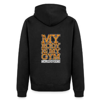 My Body is my Gym Calisthenics Fitness - Unisex Premium Bio Zip Hoodie - Schwarz - Hinten - Nico (187cm)
