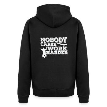 Nobody cares Work Harder Fitness Workout - Unisex Premium Bio Zip Hoodie - Schwarz - Hinten - Nico (187cm)