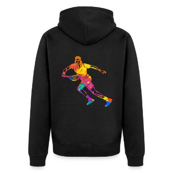 Tennis Tennisspieler Tennisplatz Silhouette - Unisex Premium Bio Zip Hoodie - Schwarz - Hinten - Nico (187cm)