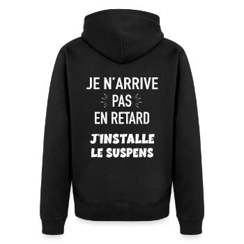 Je n'arrive pas en retard j'installe le suspens - Veste à capuche bio Premium Unisexe - noir - Dos - Nico (187cm)