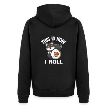 Schwarzer Shiba Inu - Unisex Premium Bio Zip Hoodie - Schwarz - Hinten - Nico (187cm)