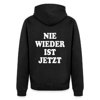 Nie wieder ist jetzt - Unisex Premium Bio Zip Hoodie - Schwarz - Hinten - Nico (187cm)