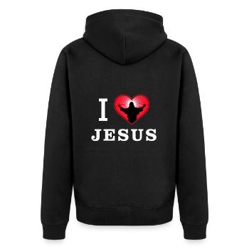 Ich liebe Jesus Christus - Unisex Premium Bio Zip Hoodie - Schwarz - Hinten - Nico (187cm)