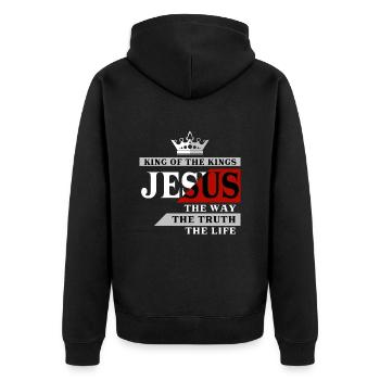 Jesus The King - Unisex Premium Organic Zip Hoodie - black - Back - Nico (187cm)