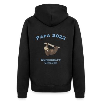 Papa 2023 mit Superkraft Chillen, Faultier - Unisex Premium Bio Zip Hoodie - Schwarz - Hinten - Nico (187cm)