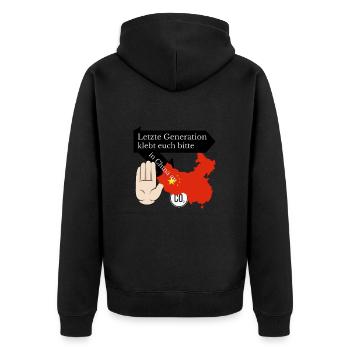 Letzte Generation klebt euch bitte in China an - Unisex Premium Bio Zip Hoodie - Schwarz - Hinten - Nico (187cm)
