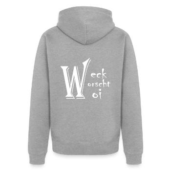 Weck Worscht Woi - Unisex Premium Bio Zip Hoodie - Grau meliert - Hinten - Nico (187cm)