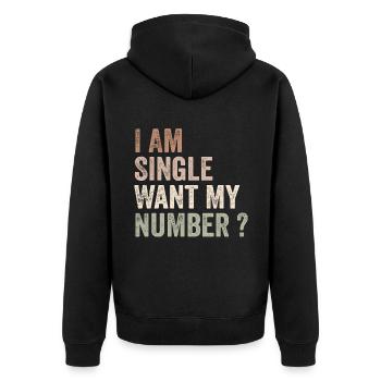 Ich bin Single will meine Nummer | Komisch - Unisex Premium Bio Zip Hoodie - Schwarz - Hinten - Nico (187cm)