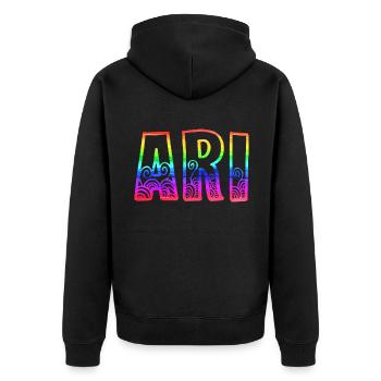 ari rs regenbogen - Unisex Premium Bio Zip Hoodie - Schwarz - Hinten - Nico (187cm)