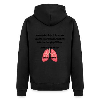Kurz dachte ich man hätte mir beim ... - Unisex Premium Bio Zip Hoodie - Schwarz - Hinten - Nico (187cm)