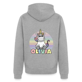 Olivia Unicorn Name - Unisex Premium Organic Zip Hoodie - heather grey - Back - Nico (187cm)