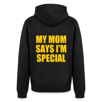 my mom says i'm special - Unisex Premium Bio Zip Hoodie - Schwarz - Hinten - Nico (187cm)