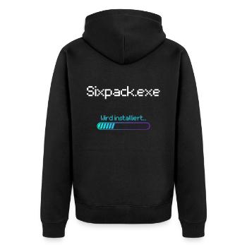 Sixpack EXE lustig Schriftzug für Fitness Training - Unisex Premium Bio Zip Hoodie - Schwarz - Hinten - Nico (187cm)