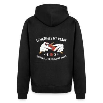 My Heart Speaks Best Through My Hands Knitting - Unisex Premium Organic Zip Hoodie - black - Back - Nico (187cm)