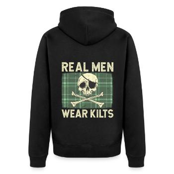 Real Men Wear Kilts- Schottenroch Herrenrock - Unisex Premium Bio Zip Hoodie - Schwarz - Hinten - Nico (187cm)