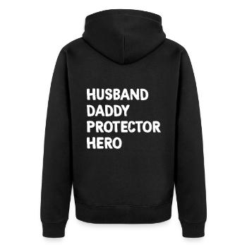 Husband Daddy Protector Hero Fathers Day For Dad - Unisex Premium Bio Zip Hoodie - Schwarz - Hinten - Nico (187cm)