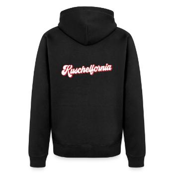 Kuschelfornia Kuschelig | Farben änderbar - Unisex Premium Bio Zip Hoodie - Schwarz - Hinten - Nico (187cm)