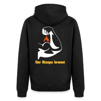 Der Bizeps brennt Muskeln Sport Fitness - Unisex Premium Bio Zip Hoodie - Schwarz - Hinten - Nico (187cm)